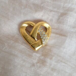 Vintage 90s Monet Heart Brooch Rhinestones Textured Gold Tone Twist